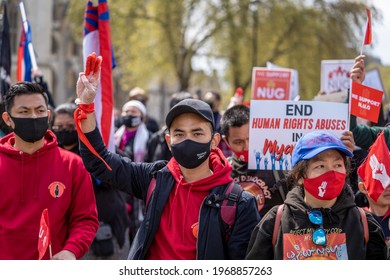 LONDON, UK – 02nd May 2021: We Support NUG Demonstrators March In Support Of The National Unity Government Of Myanmar. Protest After Recent Military Coup And Slaughter Of Burma's Civilians.