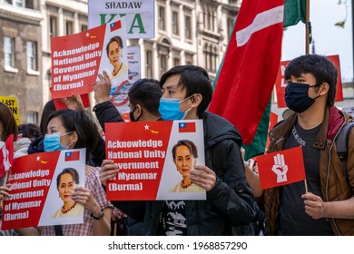 LONDON, UK – 02nd May 2021: We Support NUG Demonstrators March In Support Of The National Unity Government Of Myanmar. Protest After Recent Military Coup And Slaughter Of Burma's Civilians.