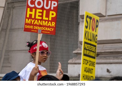 LONDON, UK – 02nd May 2021: We Support NUG Demonstrators March In Support Of The National Unity Government Of Myanmar. Protest After Recent Military Coup And Slaughter Of Burma's Civilians.