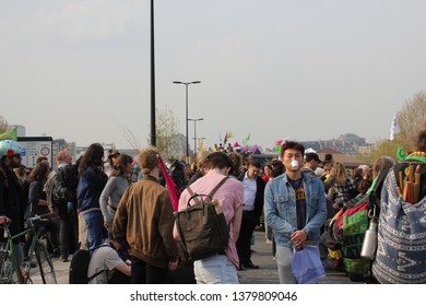 London, UK - 04/17/2019 : Extinction Rebellion Protesters Holding Waterloo Bridge For The 3rd Day And Night In Protest Against Climate Change, Over 1000 Arrests By Police Across London Stock Photo