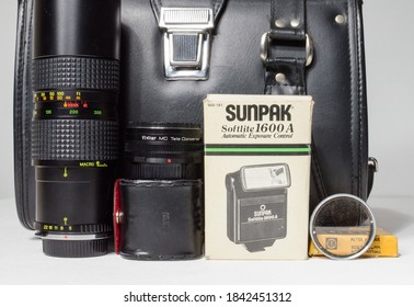 London, Uk 05/05/2018 A Retro Vintage Olympus Om 10 35mm Single Lens Reflex Film Camera And Lenses. Vintage Hipster Camera Making A Fashionable Come Back In Youth Culture.