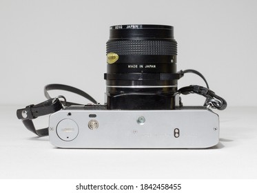 London, Uk 05/05/2018 A Retro Vintage Olympus Om 10 35mm Single Lens Reflex Film Camera And Lenses. Vintage Hipster Camera Making A Fashionable Come Back In Youth Culture.