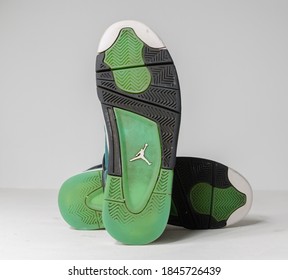 London, Uk, 05/05/2020 Nike Air Jordan 4 Flight , 30th Anniversary Teal Basketball Retro Basket Ball Sneaker Trainers, Isolated On A White Studio Background. Vintage Sports Rare Memorabilia.