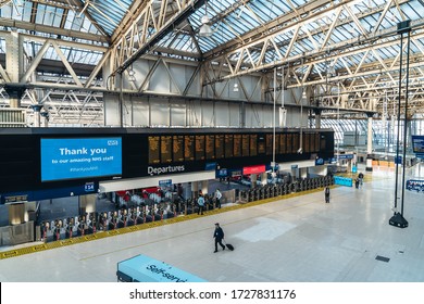 London / UK - 05/08/2020:  London's Busy Area, Popular Destination Empty As People Self Isolate During COVID-19 Coronavirus Pandemic. Waterloo Station, Train, Railway, Tube