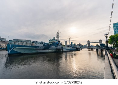 London / UK - 05/16/2020:  London's Busy Area, Popular Destination Empty As People Self Isolate During COVID-19 Coronavirus Pandemic. HMS Belfast, Tower Bridge View