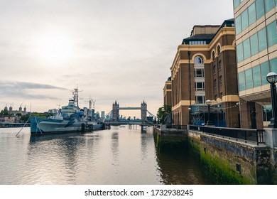 London / UK - 05/16/2020:  London's Busy Area, Popular Destination Empty As People Self Isolate During COVID-19 Coronavirus Pandemic. HMS Belfast, Tower Bridge View