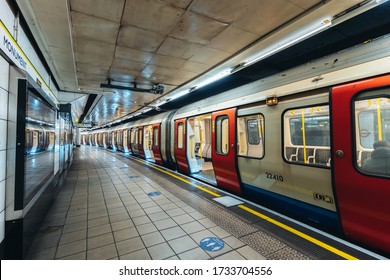 London / UK - 05/16/2020:  London's Busy Area, Popular Destination Empty As People Self Isolate During COVID-19 Coronavirus Pandemic. Monument Station. Tube