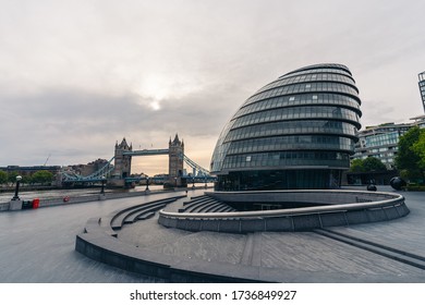 London / UK - 05/16/2020:  London's Busy Area, Popular Destination Empty As People Self Isolate During COVID-19 Coronavirus Pandemic. Tower Bridge, City Hall