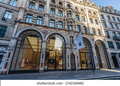 London / UK - 05/23/2020: London's Busy Area, Popular Destination Empty As People Self Isolate During COVID-19 Coronavirus Pandemic. Apple Store At Regent Street