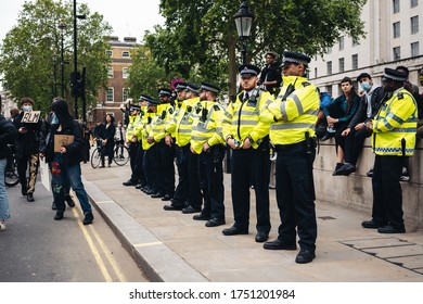 London / UK - 06/07/2020: Black Lives Matter Protest During Lockdown Coronavirus Pandemic. Police Officers At Downing Street