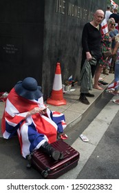 London, UK, 06/09/2018 - Woman With Union Jack Blanket In On Whitehall During The 