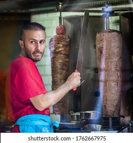 London. UK- 06.22.2020: A Man Of Turkish Origin Working In A Restaurant Preparing Kababs For Customers.