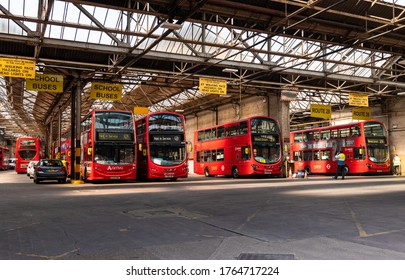 London. UK- 06.26.2020: The Interior Of The Bus Garage Depot In Wood Green With Many Double Becker Buses Inside. 