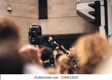 London / UK - 06/27/2020: BLM Protester Woman Giving Speech At Black Lives Matter Protest