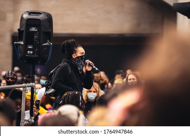 London / UK - 06/27/2020: BLM Protester Woman Giving Speech At Black Lives Matter Protest