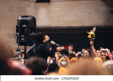 London / UK - 06/27/2020: BLM Protester Woman Giving Speech At Black Lives Matter Protest