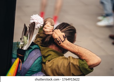 London / UK - 06/27/2020: Protester With BLM Sign On His Hand At Black Lives Matter Protest