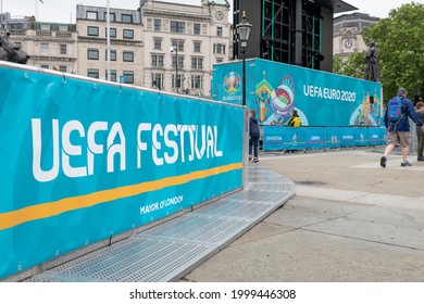 London. UK- 06.27.2021: banners signs in Trafalgar Square for the UEFA Festival, hosting outdoor viewing for the EURO 2020 football