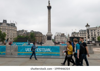 London. UK- 06.27.2021: banners signs in Trafalgar Square for the UEFA Festival, hosting outdoor viewing for the EURO 2020 football