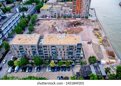 London, UK -07 08 2019: Demolition Of One Housing Buildings For New Appartments Reconstruction And Building, Panoramic View From Kelson House