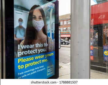 London. UK- 07.29.2020:an Advertising Billboard By A Bus Stop From The NHS Informing People To Wear Mask Which Is Compulsory On Public Transport.