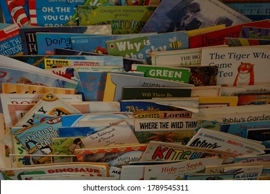 London, UK - 08/04/2020: A Picture Of A Kids Bookshelf With Many Classic Kids Books And Illustrations From Dr Zeus, Maurice Sendak, Judith Kerr Like Green Eggs And Ham And Where The Wild Things Are. 