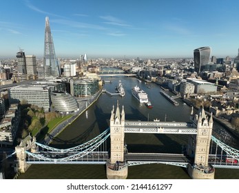 London, UK, 09 April 2022 Drone shot of Hapag Lloyd's newest cruise ship Hanseatic Spirit on her debut visit to London