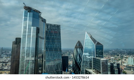 London, UK, 09 July 2019; London Skyline , City Escape At Cloudy Day With Window Reflection 