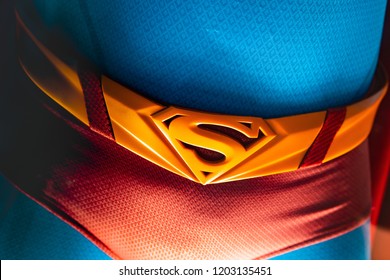 London, UK - 09/08/2018: Original Superman costume worn by Brandon Routh in Superman Returns (2006) on public display at the O2 Arena.