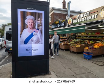 London. UK- 09.09.2022: A Street Billboard Commemorating The Passing Of Britain's Longest Reigning Monarch Queen Elizabeth II.