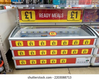 London. UK- 09.16.2022. Interior Of A Discount Grocery Supermarket Showing A Freezer Containing Cheap Frozen Ready Meals.