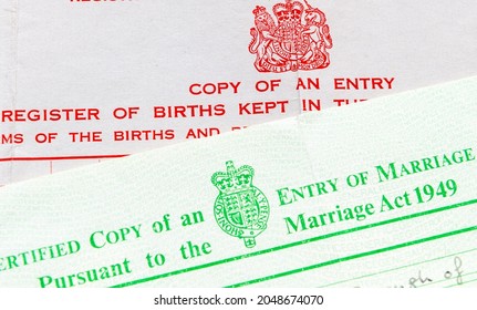 London. UK. 09.26.2021. A Birth And A Marriage Certificate