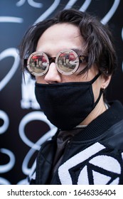 London, UK - 10 February, 2020 People Wear Mask For Protection During Fashion Week. Street Style. Young Man In The Sunglasses In Black Mask