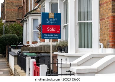 London. UK. 10.03.2021. A Property Sold Sign Outside A Suburban Terrace House With Property Prices Raising Dramatically In The Countryside.