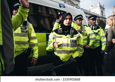 London | UK - 10|19|2019: Police Officer In Hijab At People's Vote March. 