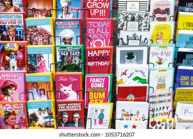 London, UK - 11 March, 2018 - Quirky Birthday Cards On Display At Camden Market