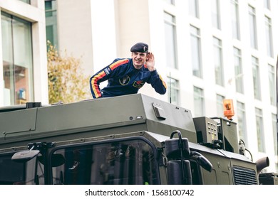 London / UK - 11/08/2019:  Soldier Sitting On The Top Of Military Truck At Lord Mayor's Show