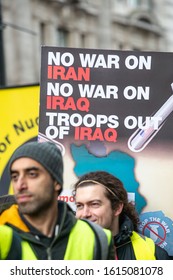 London, UK. 11th January 2020. Anti war protesters with placard at the NO WAR WITH IRAN demonstration in Portland Place, London, campaigning for peace and de-escalation in the Middle East.