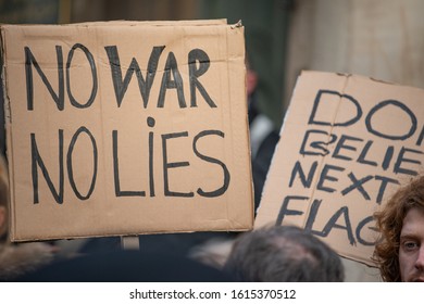 London, UK. 11th January 2020. Anti War Protesters With Placards At The NO WAR WITH IRAN Demonstration In Portland Place, London, Campaigning For Peace And De-escalation In The Middle East.