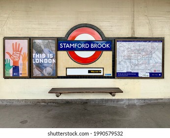 LONDON, UK - 12.06.2021. Stamford Brook Underground Station Logo On Platform. A District Line Tube Station In West London. London Underground Map On A Side