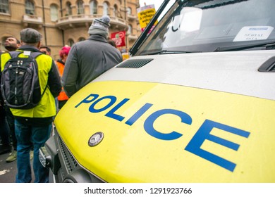 London, UK. 12th January 2019. Police Patrol Car Creates A Roadblock In Portland Place, London, To Stop All Oncoming Traffic, Ahead Of A Nearby Street Demonstration, To Ensure Public Safety.
