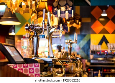 London UK, 13 August 2017, Interior Of A Bar Restaurant Or Club With Beer Pumps Or Taps And Cash Till