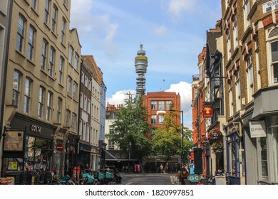 London / UK - 13 September 2020: View Of The BT Tower From Rathbone Place, Oxford Street, London