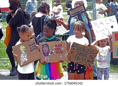 London, UK - 13.6.2020: 'Black lives matter' children's protest by Tottenham, Haringey kids march with family's Black lives matter sign held by children