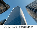 London UK. 14 June 2023. View looking skywards on Lime street, showing the The Fenchurch Building at 20 Fenchurch Street, otherwise known as the Walkie Talkie building, designed by Rafael Viñoly