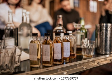 London, UK. 14.03.19 A Line Up Of Japanese Whisky Sample Bottles. Concept Of Fine Whisky, Alcohol And Lifestyle.