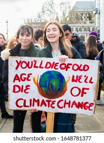 London, UK. 14th February 2020. Student Activists With Placards At The Youth Strike 4 Climate Demonstration Rally At Parliament Square, In Protest Of The Government's Lack Of Action On Climate Change.