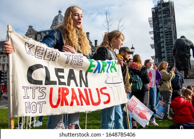 London, UK. 14th February 2020. Student Activists With Placards At The Youth Strike 4 Climate Demonstration Rally At Parliament Square, In Protest Of The Government's Lack Of Action On Climate Change.