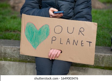 London, UK. 14th February 2020. Student Activist With Placard At The Youth Strike 4 Climate Demonstration Rally At Parliament Square, In Protest Of The Government's Lack Of Action On Climate Change.