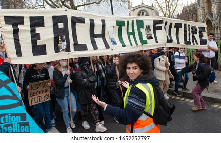 London, UK. 14th February 2020. Student Activists With Banner At The Youth Strike 4 Climate Demonstration Rally At Parliament Square, In Protest Of The Government's Lack Of Action On Climate Change.